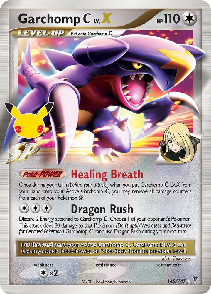 Front of Garchomp C LV.X 145/147 Pokémon card from Celebrations: Classic Collection