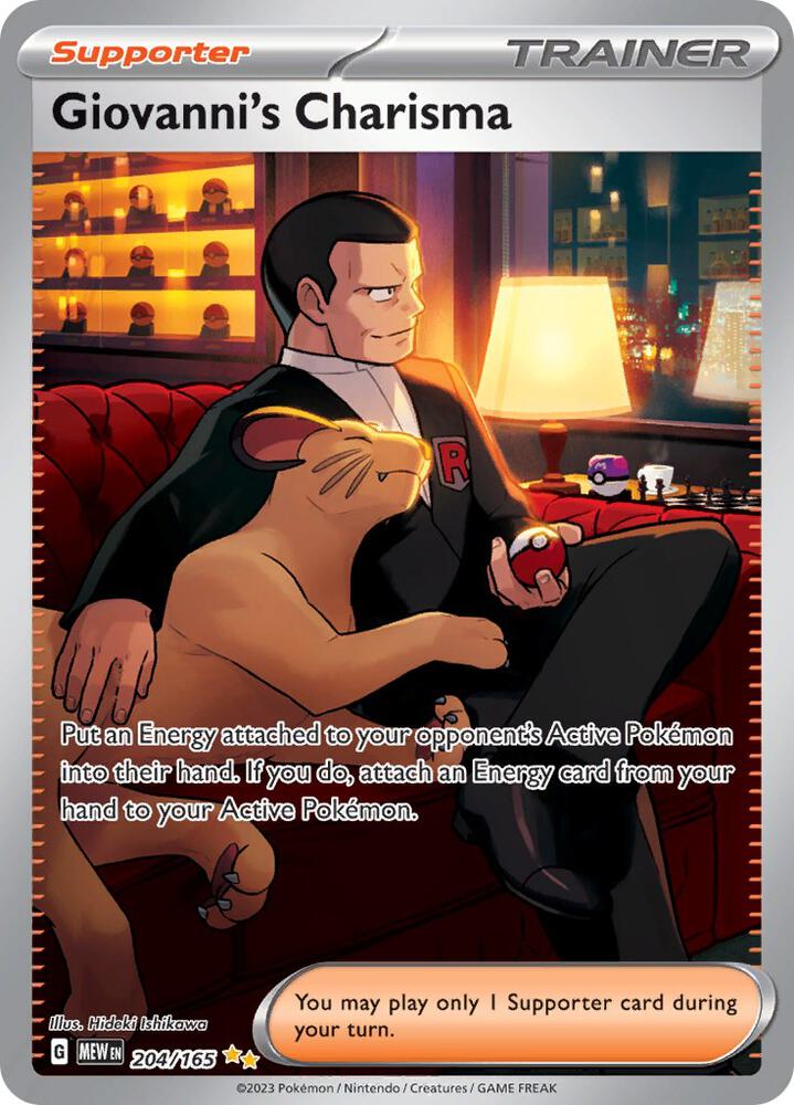 Front of Giovanni's Charisma 204/165 Special Illustration Rare Pokémon card from SV: Scarlet & Violet 151