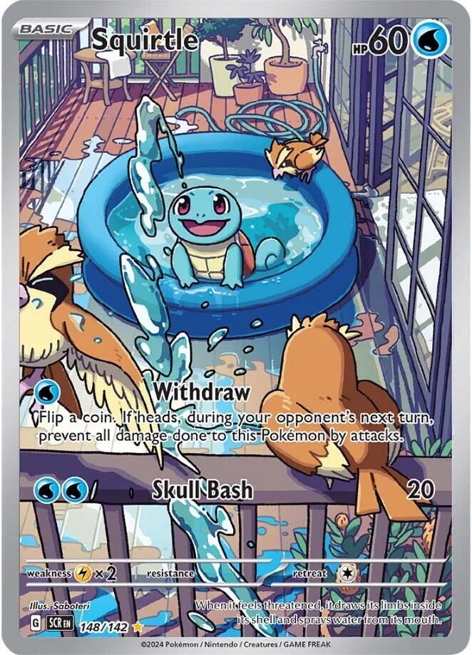 Front of Squirtle 148/142 Illustration Rare Pokémon card from SV07: Stellar Crown