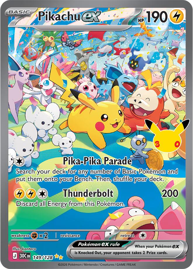 Front of Pikachu ex 149/128 Special Illustration Rare Pokémon card from ME: 30th Celebration