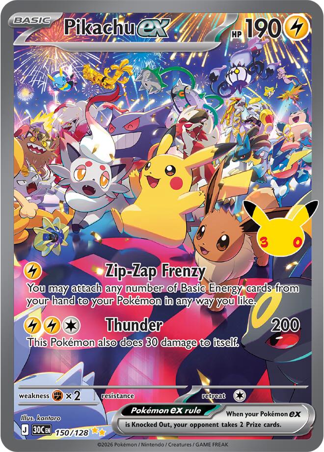 Front of Pikachu ex 150/128 Special Illustration Rare Pokémon card from ME: 30th Celebration