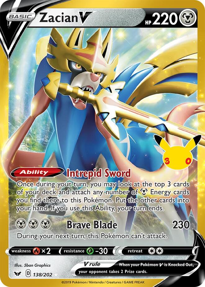 Front of Zacian V 138/202 Pokémon card from ME: 30th Celebration Classic Collection