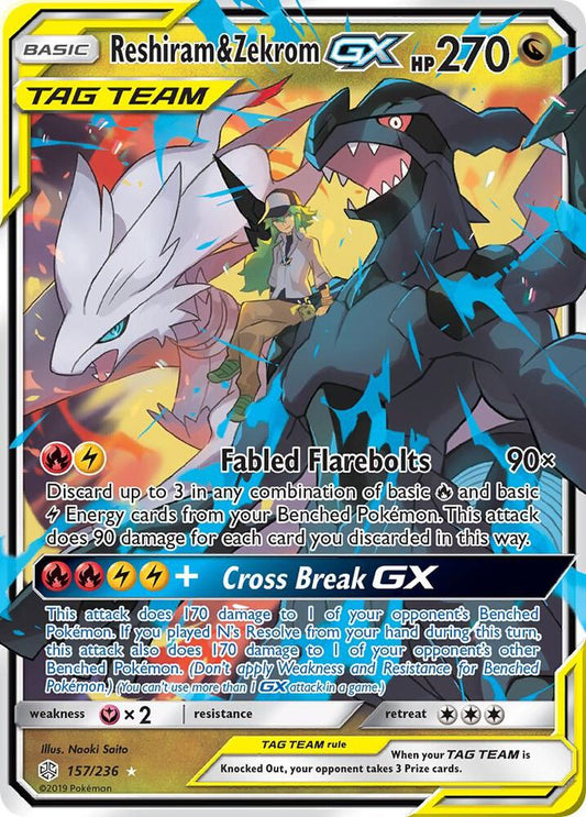 Reshiram & Zekrom GX Holo Ultra Rare SM - Cosmic Eclipse 157/236 NM
