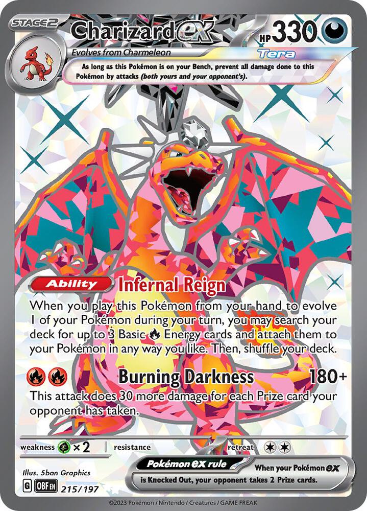 Front of Charizard ex 215/197 Ultra Rare Pokémon card from SV03: Obsidian Flames