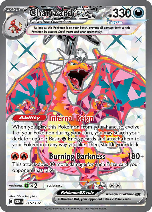 Front of Charizard ex 215/197 Ultra Rare Pokémon card from SV03: Obsidian Flames